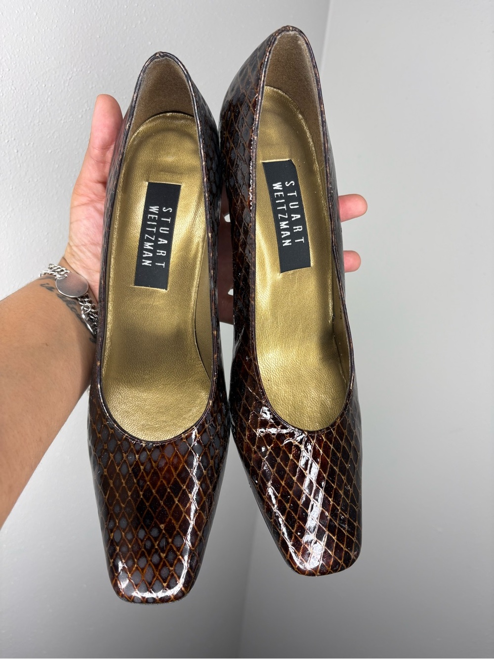 Stuart Weitzman Dark Brown Patent Snakeskin Pointed-Toe Pumps